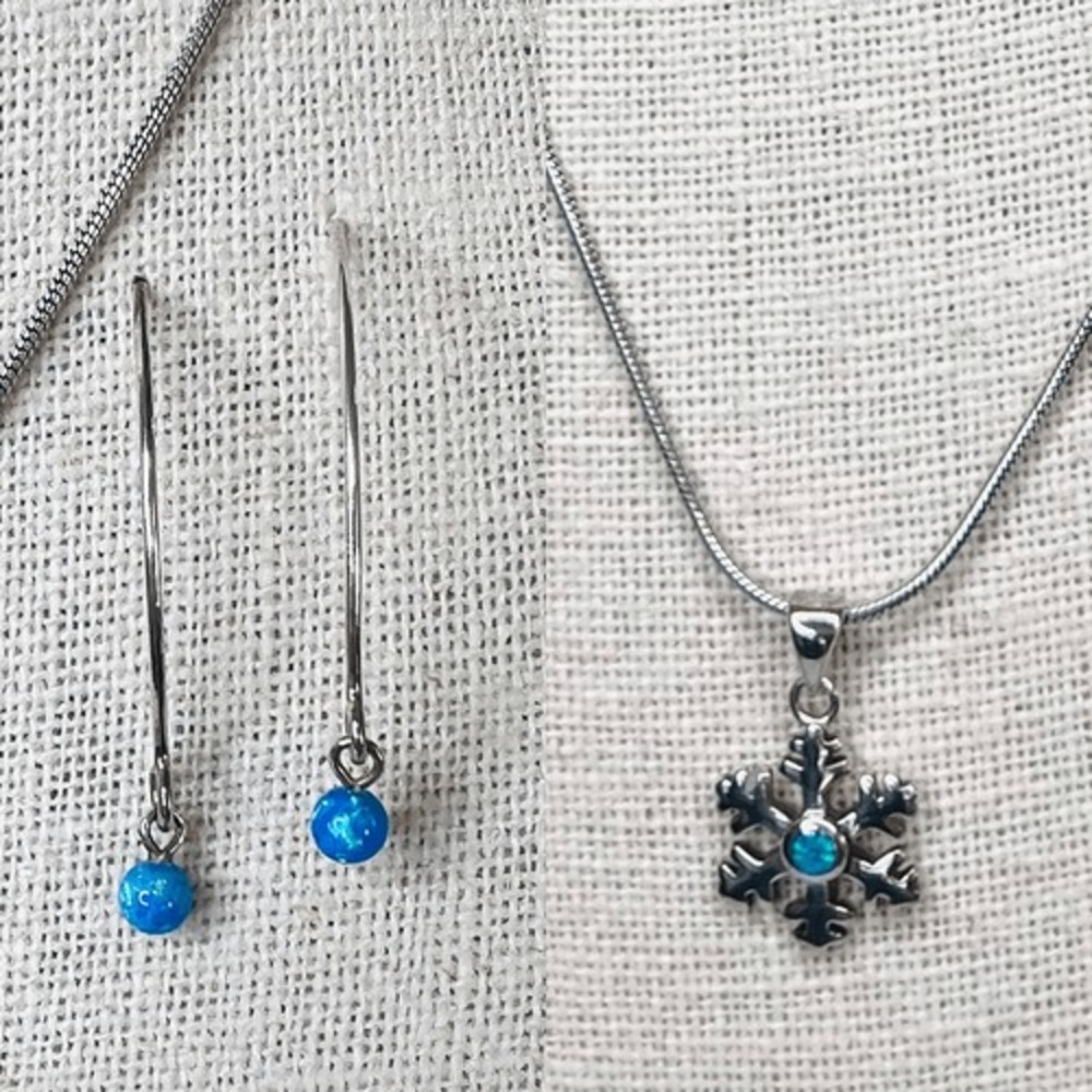 Silver 925 Simulated Fire Opal Snowflake 20" Necklace + Drop Earring Set Jewelry